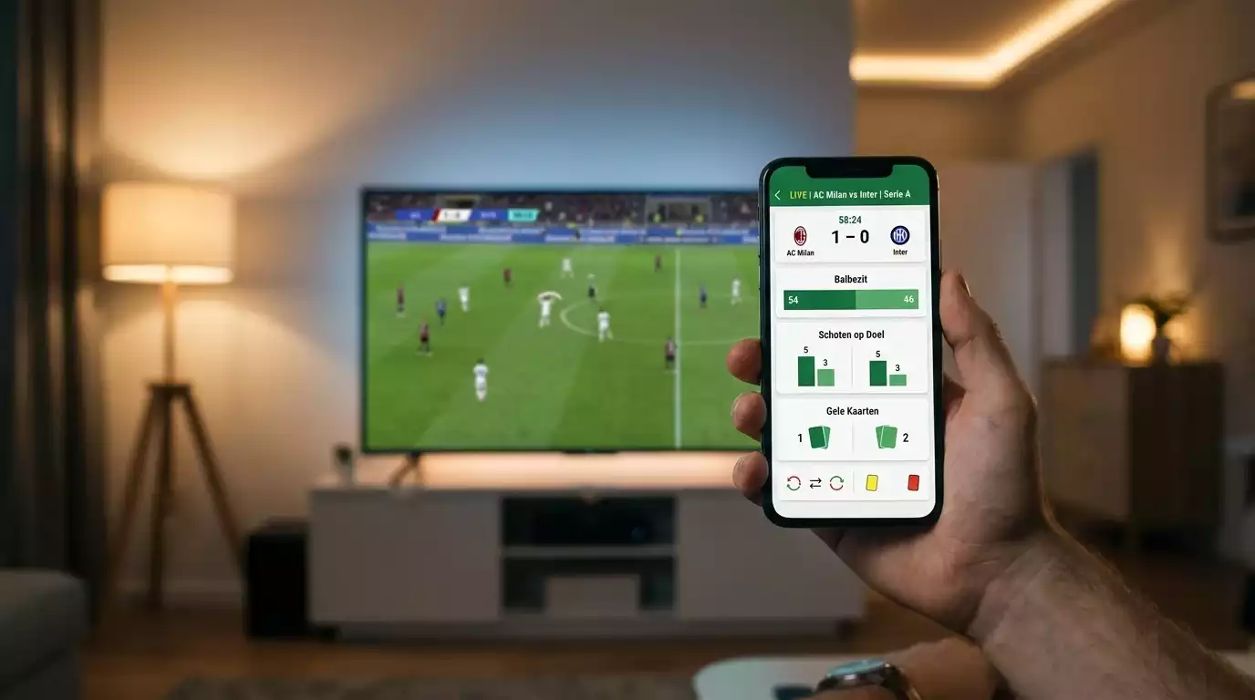 Smartphone met live Serie A wedstrijdstatistieken naast een televisie met een Italiaanse voetbalwedstrijd
